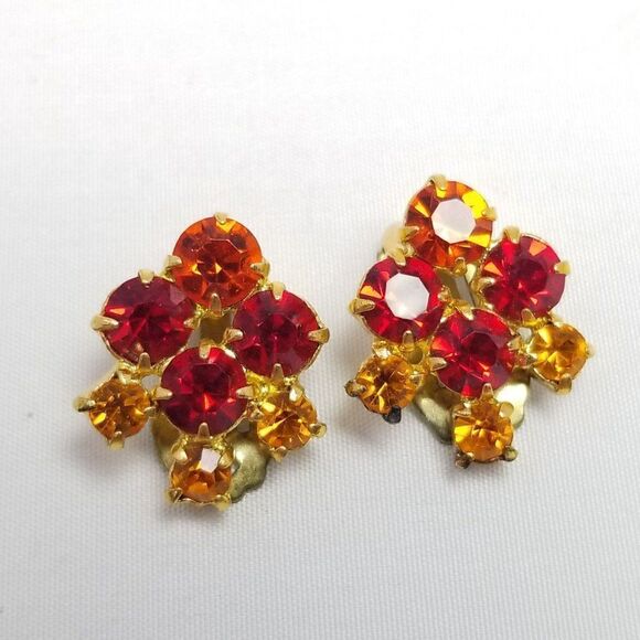 Vintage Red Orange Little Rhinestone Cluster Clip On Earrings Made in Austria - Picture 7 of 8